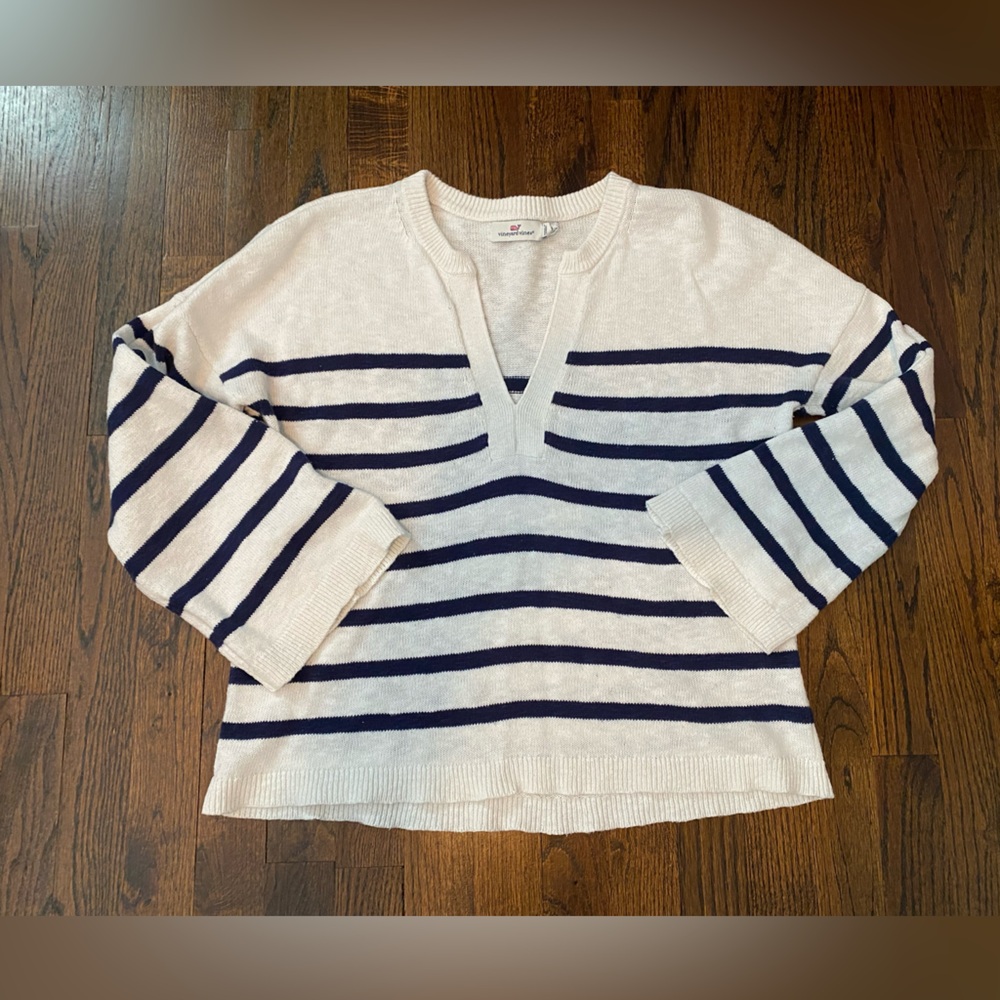 Vineyard Vines- linen cotton blend Knit Pullover v neck striped flare sleeve S - Picture 16 of 16